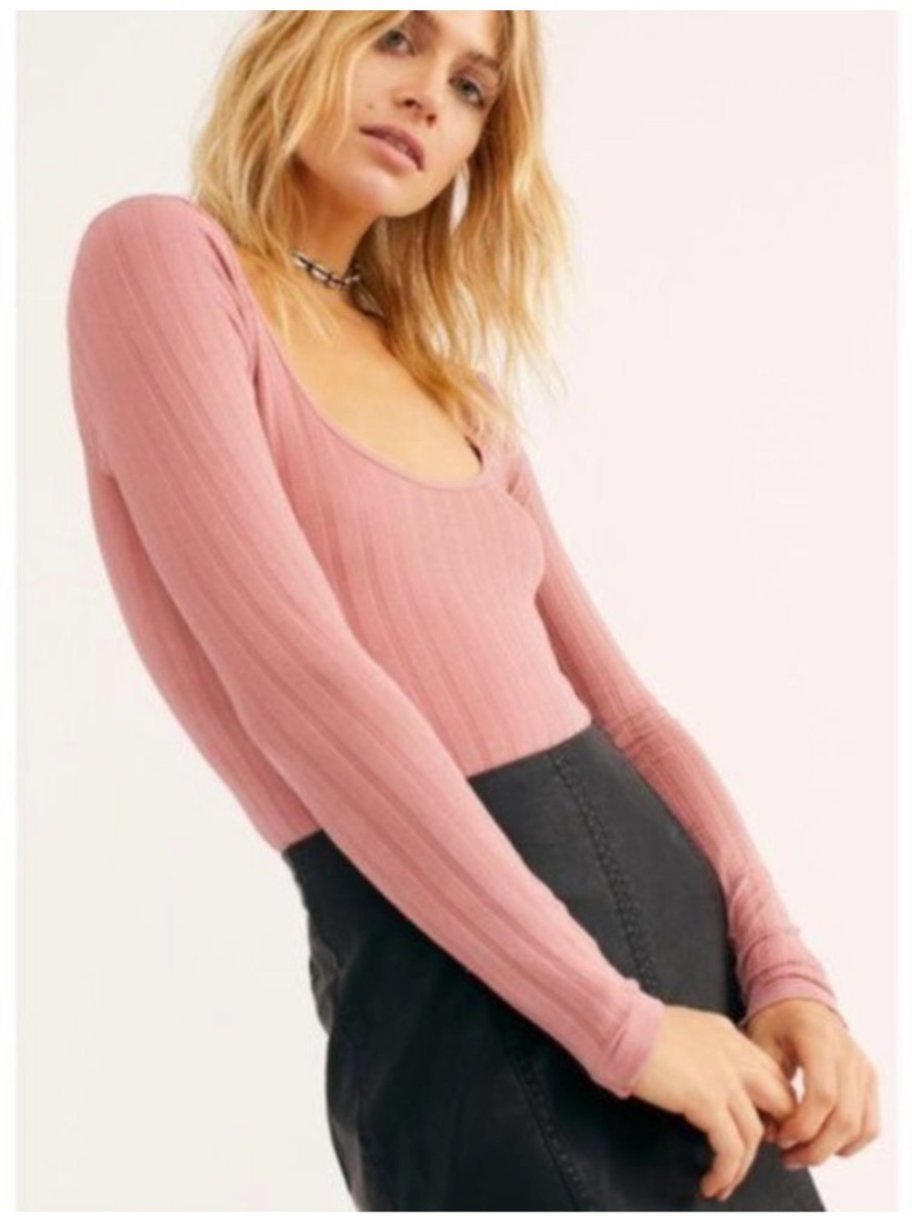 Free People Lucky You Long-Sleeve Wide Ribbed Top M/L Pink $70